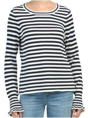 ADRIANNA PAPELL Women's EUC Striped Sweater W/Ruffled Cuffs White/Black | Size M